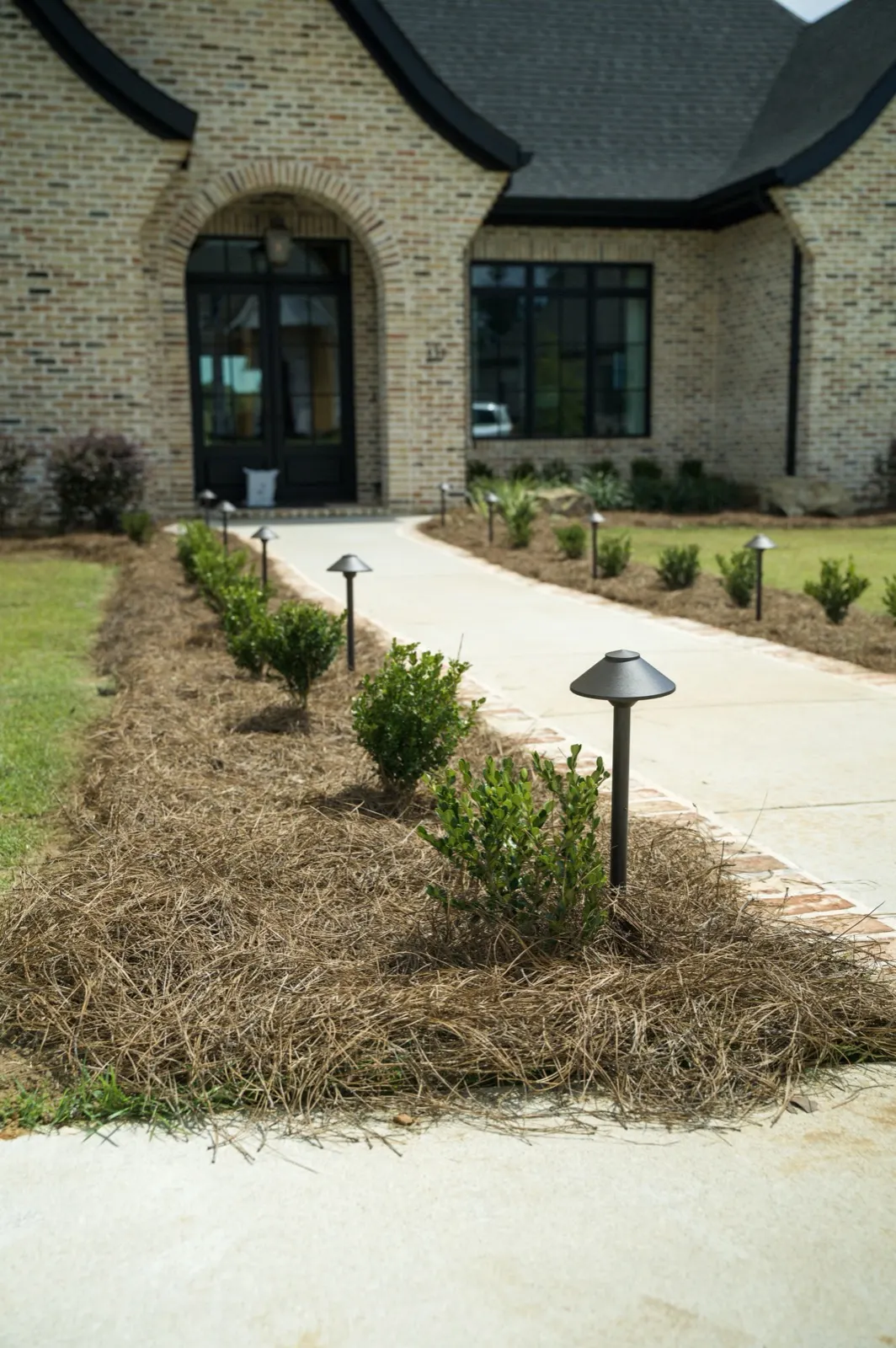 Brick-edged concrete front walk at a Fairhope, Alabama home, with path lights set low in pine-straw beds