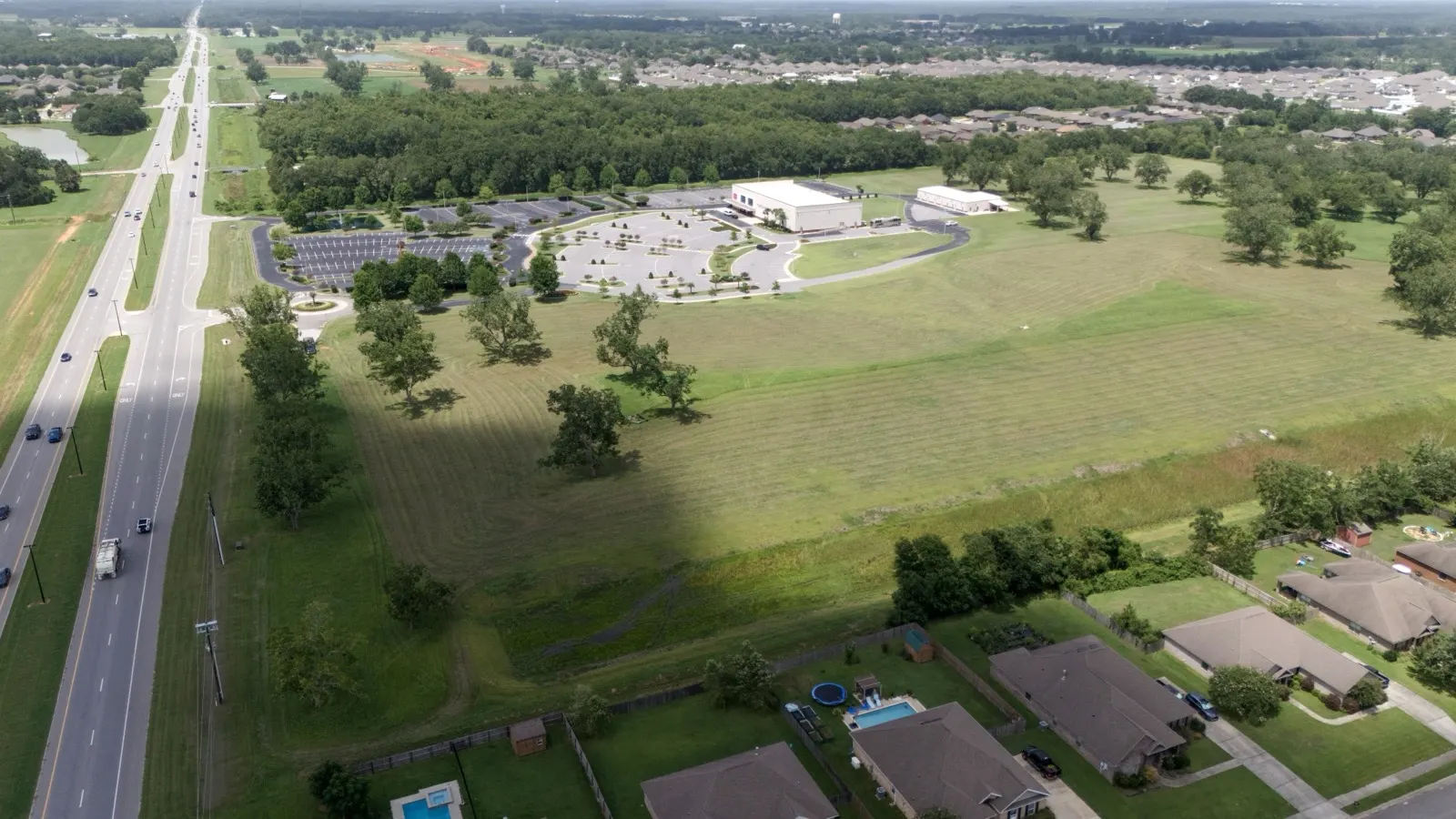 Aerial view showing the scale of commercial grounds maintained in Loxley, Alabama